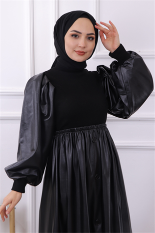 Deri Detaylı Elbise