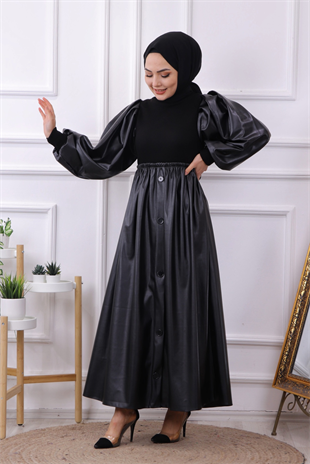 Deri Detaylı Elbise