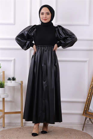 Deri Detaylı Elbise