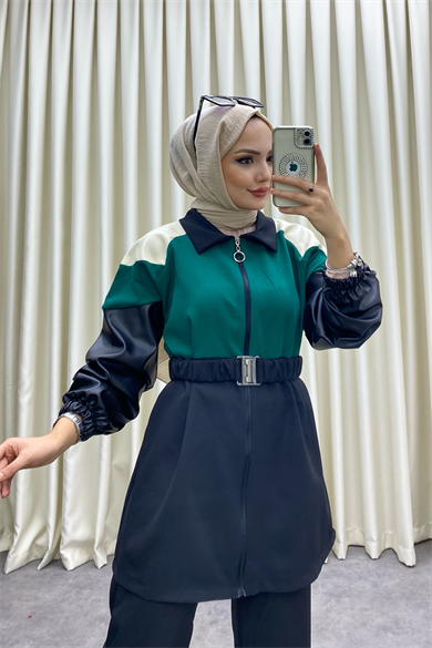 Deri Detaylı İkili Takım Siyah Yeşil