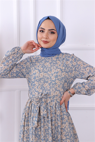 Desenli Çiçekli Elbise-Mavi