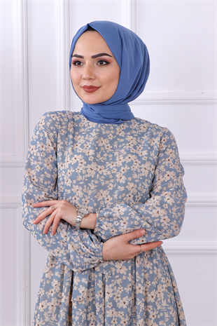 Desenli Çiçekli Elbise-Mavi