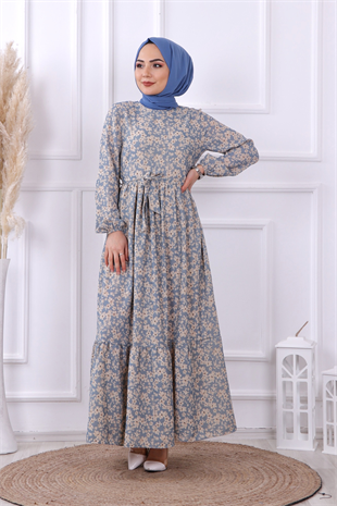 Desenli Çiçekli Elbise-Mavi