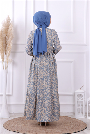 Desenli Çiçekli Elbise-Mavi