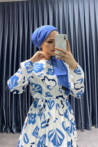 Desenli Elbise Mavi Beyaz