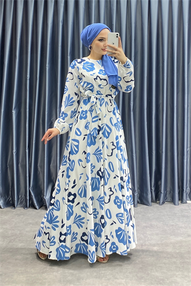 Desenli Elbise Mavi Beyaz