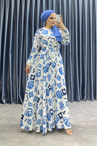 Desenli Elbise Mavi Beyaz