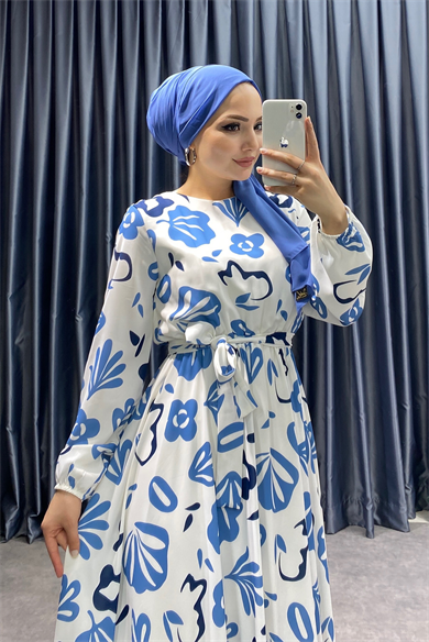 Desenli Elbise Mavi Beyaz