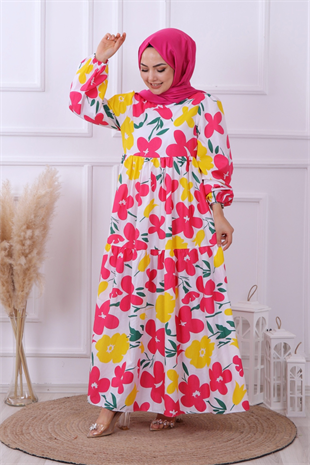 Desenli Elbise Pembe Sarı