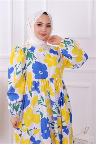 Desenli Elbise Sarı Lacivert