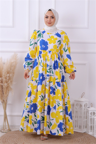 Desenli Elbise Sarı Lacivert