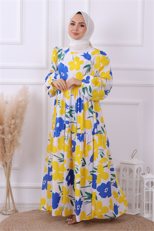 Desenli Elbise Sarı Lacivert