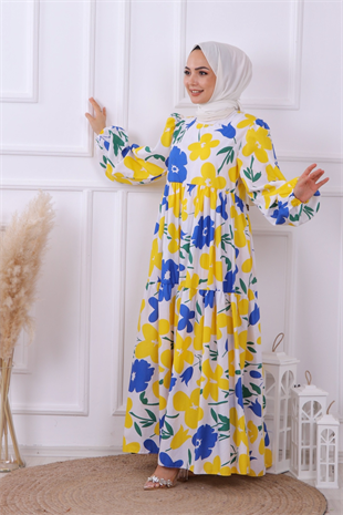 Desenli Elbise Sarı Lacivert