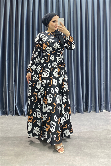 Desenli Elbise Siyah
