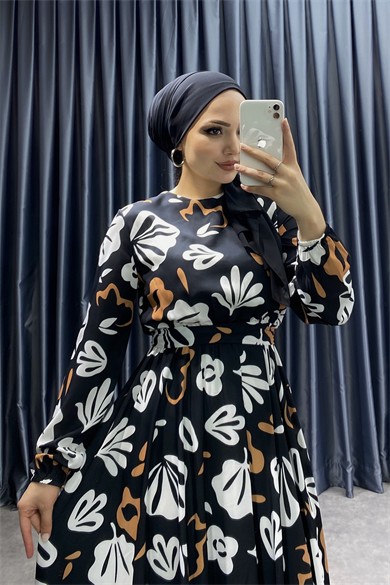 Desenli Elbise Siyah