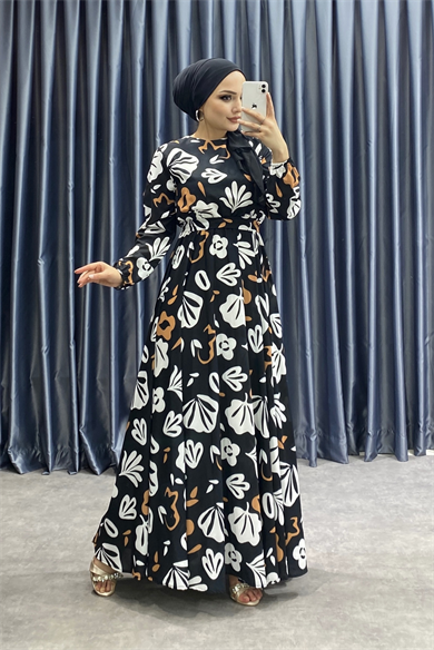 Desenli Elbise Siyah