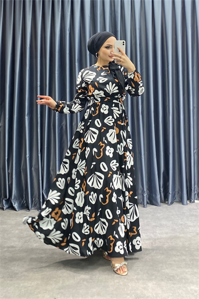 Desenli Elbise Siyah
