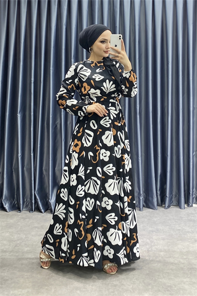 Desenli Elbise Siyah