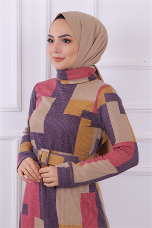 Desenli Kalem Elbise Mor