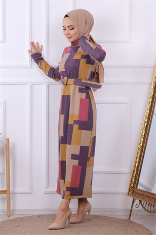 Desenli Kalem Elbise Mor