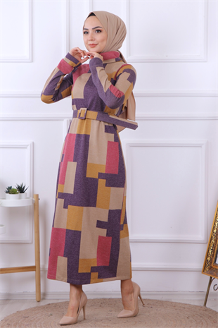 Desenli Kalem Elbise Mor