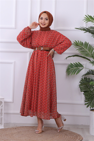Desenli Kemerli Şifon Elbise Kırmızı