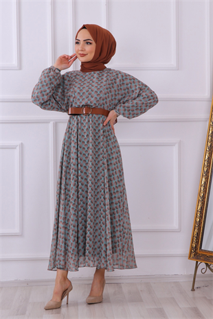 Desenli Kemerli Şifon Elbise Yeşil