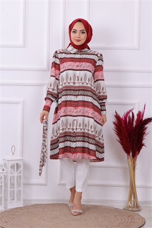 Desenli Kuşaklı Tunik Bordo