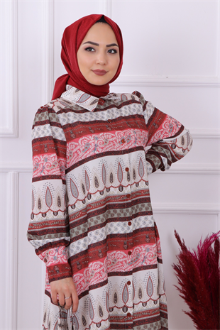 Desenli Kuşaklı Tunik Bordo
