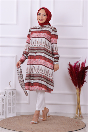Desenli Kuşaklı Tunik Bordo