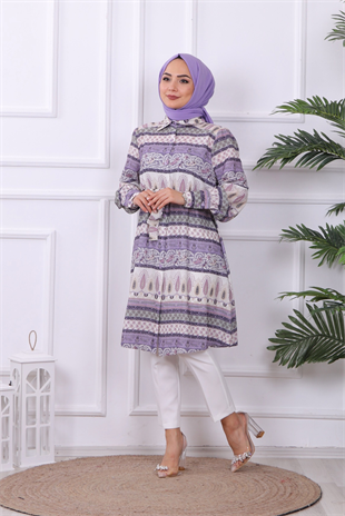 Desenli Kuşaklı Tunik Lila