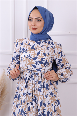 Desenli Lacivert-Kahve Elbise