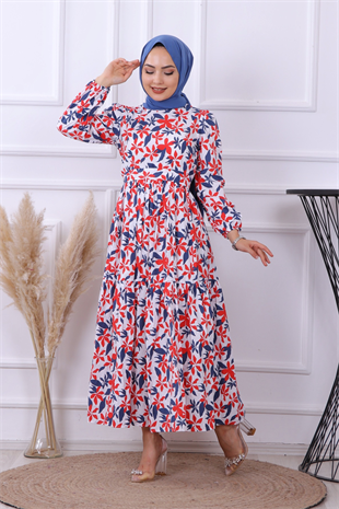 Desenli Lacivert-Kırmızı Elbise