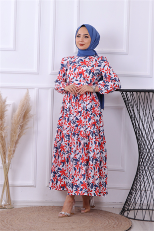 Desenli Lacivert-Kırmızı Elbise