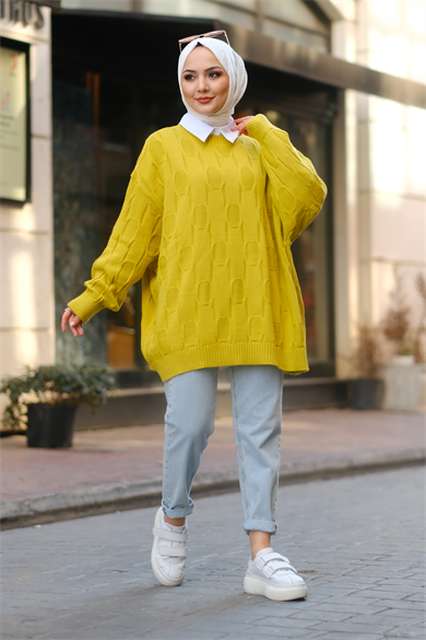 Desenli Oversize Balon Kol Tunik Yağ Yeşili
