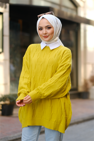 Desenli Oversize Balon Kol Tunik Yağ Yeşili