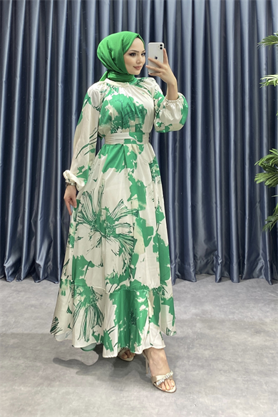 Desenli Saten Elbise