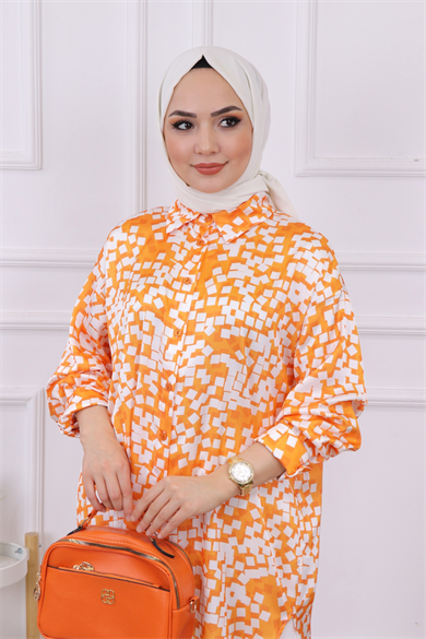 Desenli Saten Tunik Turuncu