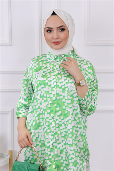 Desenli Saten Tunik Yeşil