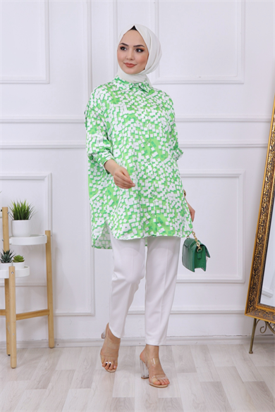 Desenli Saten Tunik Yeşil