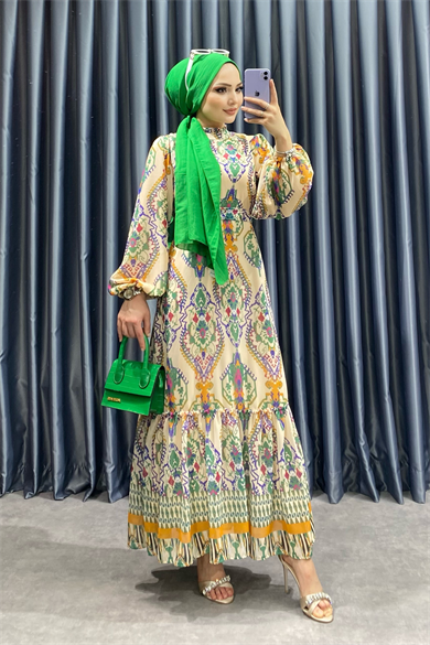 Desenli Şifon Elbise 