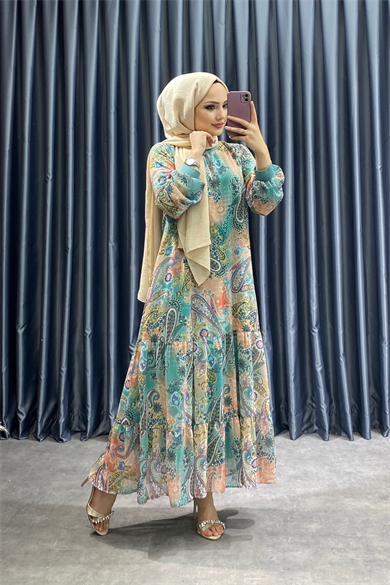 Desenli Şifon Elbise 