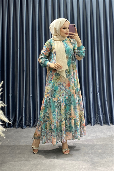 Desenli Şifon Elbise 