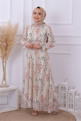 Desenli Şifon Elbise 