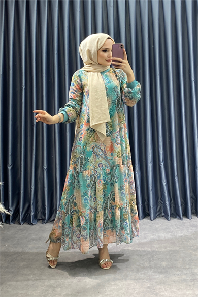 Desenli Şifon Elbise 