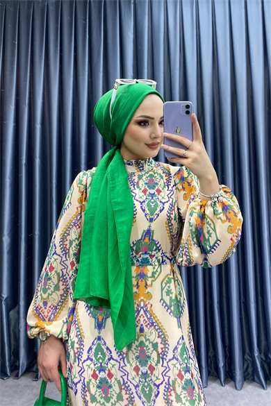 Desenli Şifon Elbise 