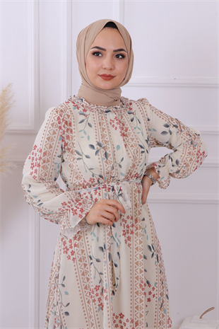 Desenli Şifon Elbise 