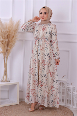 Desenli Şifon Elbise 