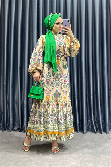 Desenli Şifon Elbise 