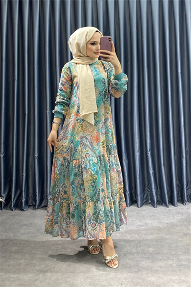 Desenli Şifon Elbise 